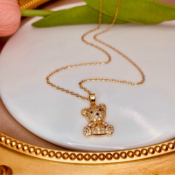 Adorable Teddy Bear Pave CZ Pendant Dainty Chain Necklace in Gold - Picture 3 of 5